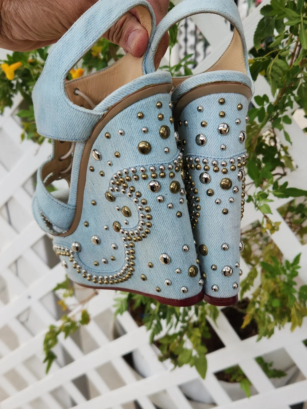 CHARLOTTE OLYMPIA Gene Studded Denim Wedge Sandals - Picture 4 of 10